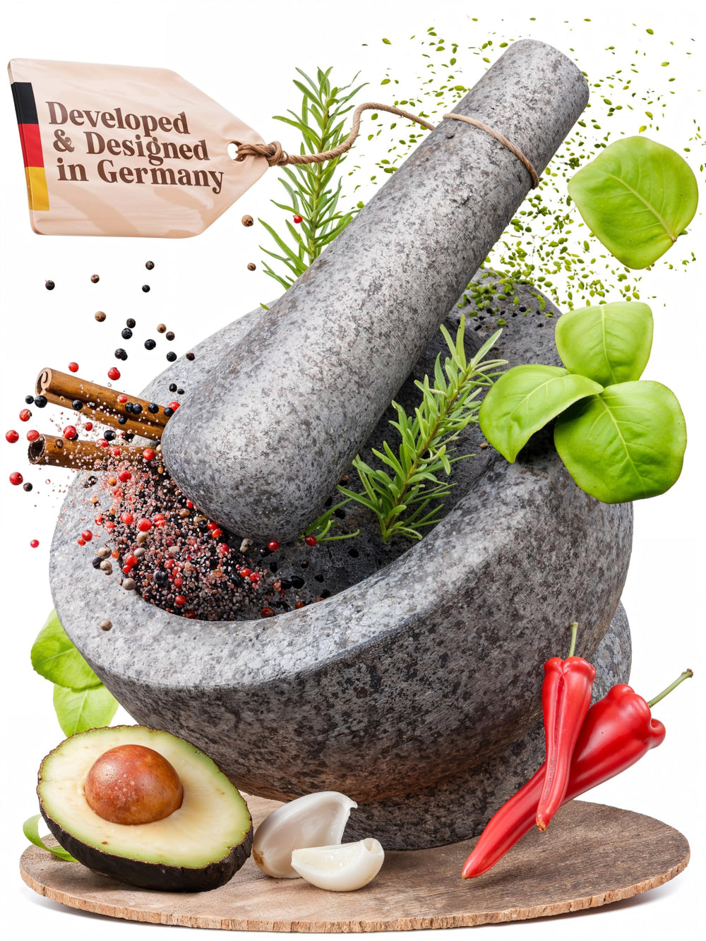 ChefSofi front view of gray granite mortar and pestle showing compact design and sturdiness
