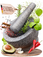 ChefSofi front view of gray granite mortar and pestle showing compact design and sturdiness