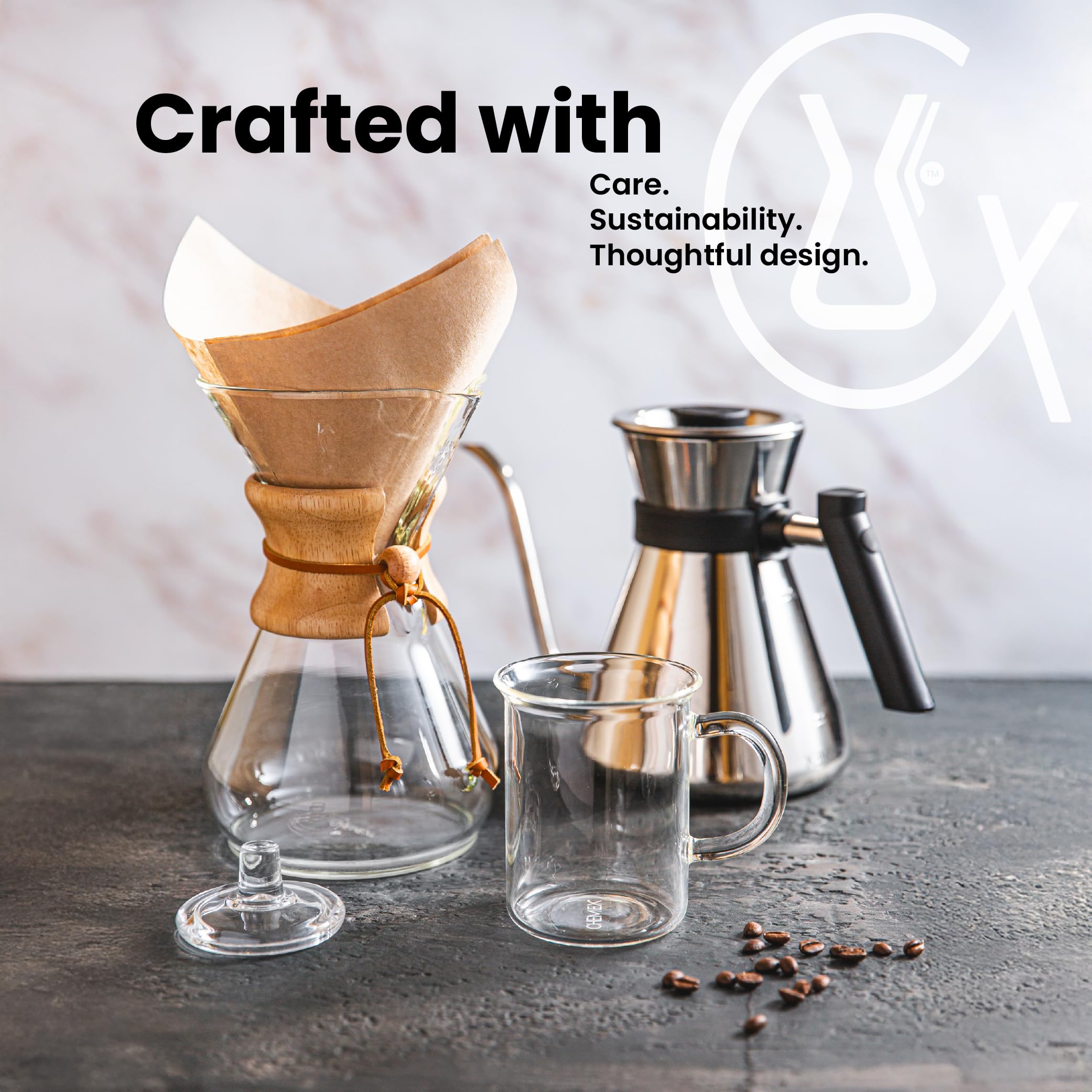 Chemex filter beside a coffee cup showing half-moon size and portion scale