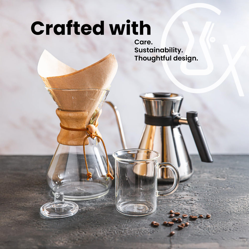 Chemex filter beside a coffee cup showing half-moon size and portion scale
