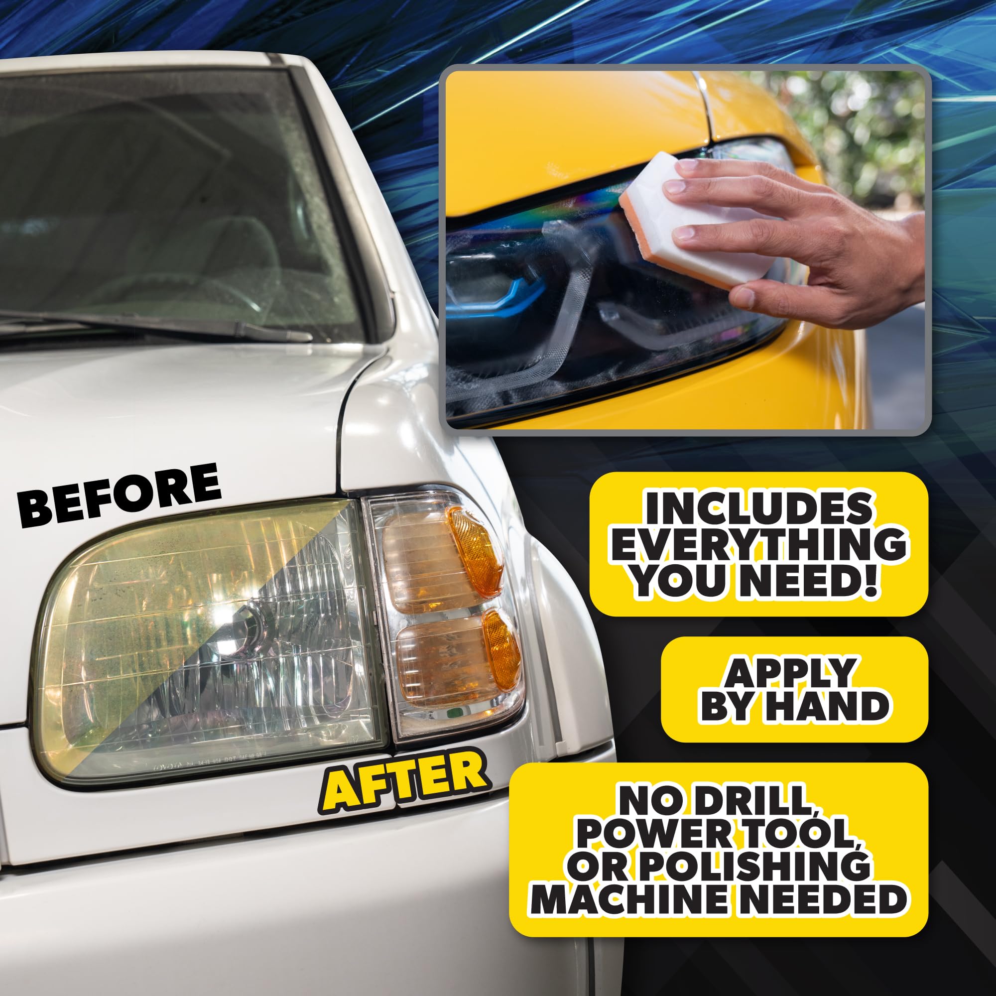 Chemical Guys before and after headlight showing restored clarity and brightness