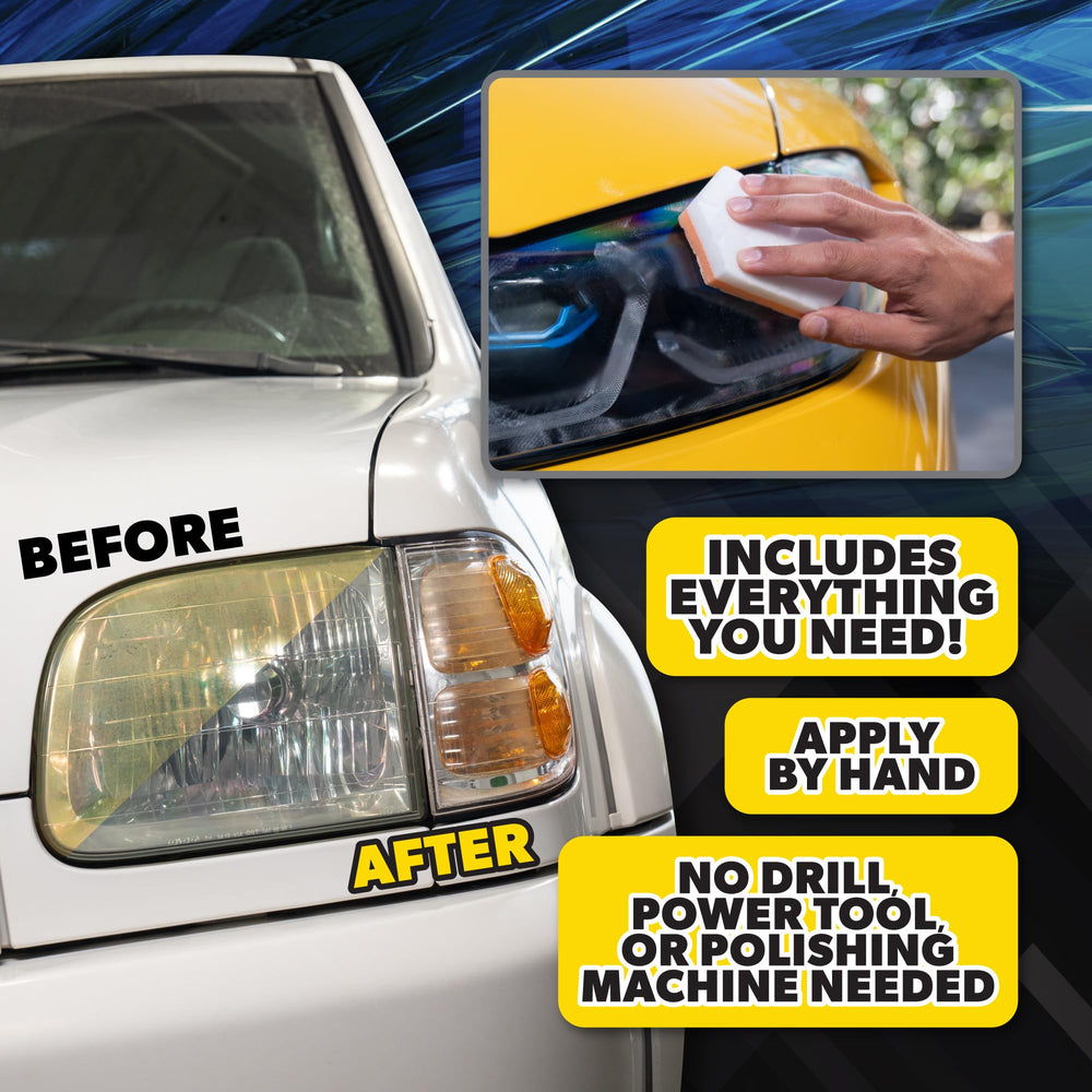 Chemical Guys before and after headlight showing restored clarity and brightness