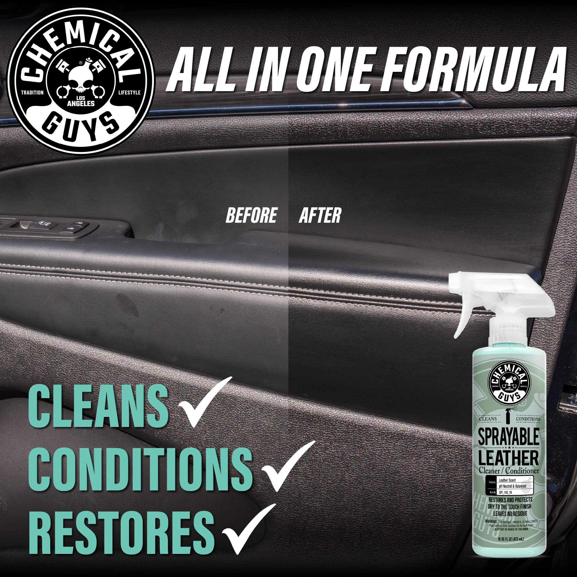 Chemical Guys close-up leather texture before and after showing visible rejuvenation benefit