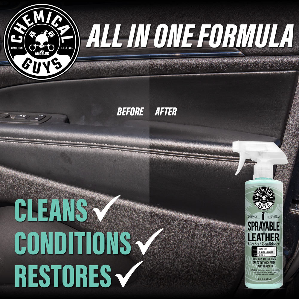 Chemical Guys close-up leather texture before and after showing visible rejuvenation benefit