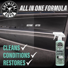 Chemical Guys close-up leather texture before and after showing visible rejuvenation benefit
