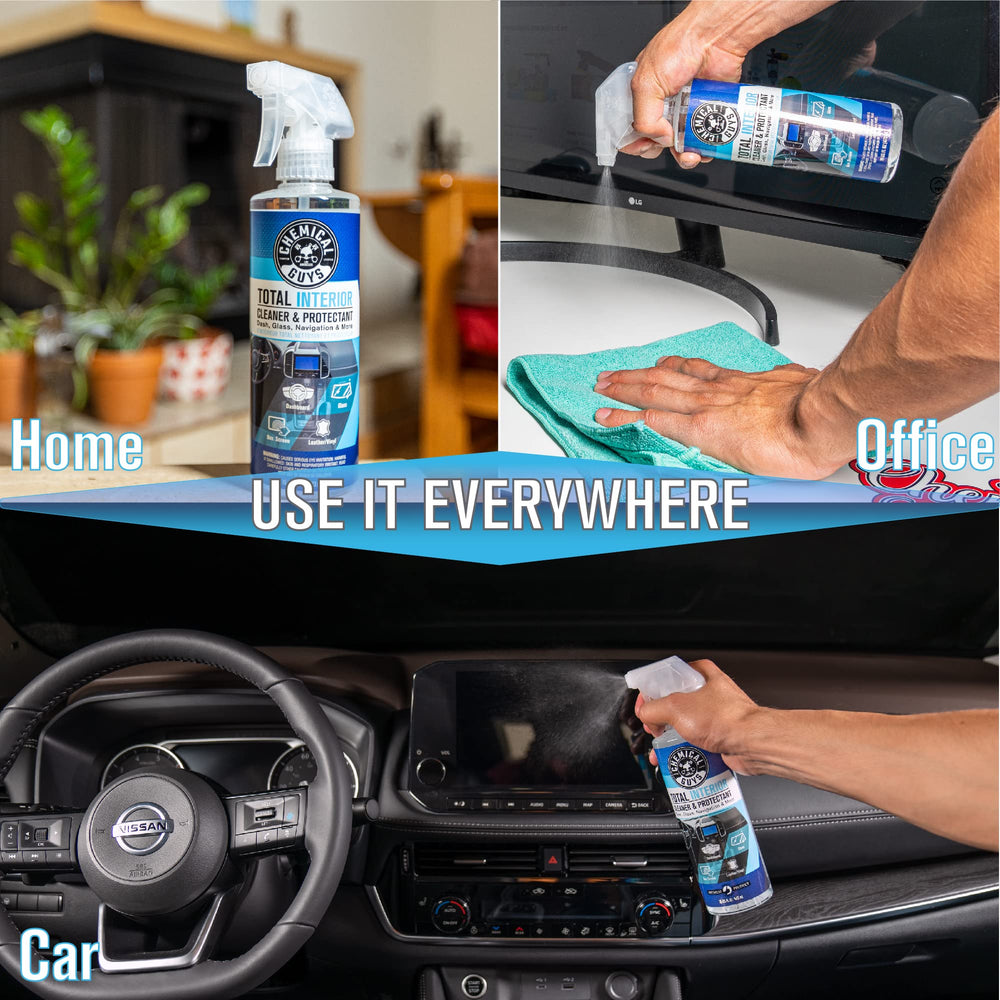 Chemical Guys dashboard cleaned with spray showing refreshed finish and reduced dust
