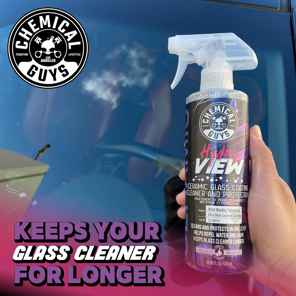 Chemical Guys HydroView on a boat windshield improving marine visibility in spray