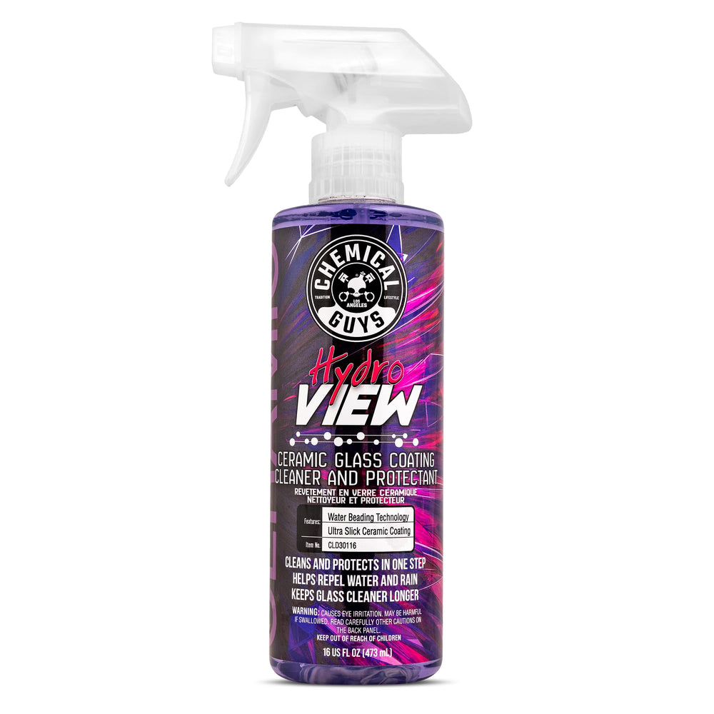 Chemical Guys HydroView front label showing product name and 16 oz size and benefits