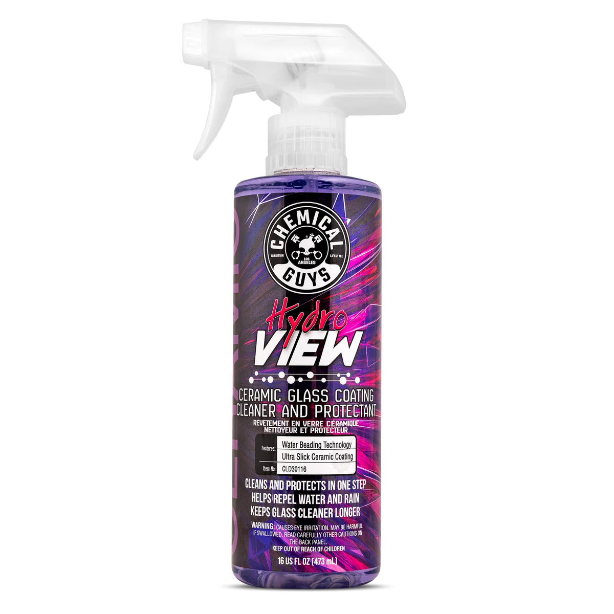 Chemical Guys HydroView front label showing product name and 16 oz size and benefits