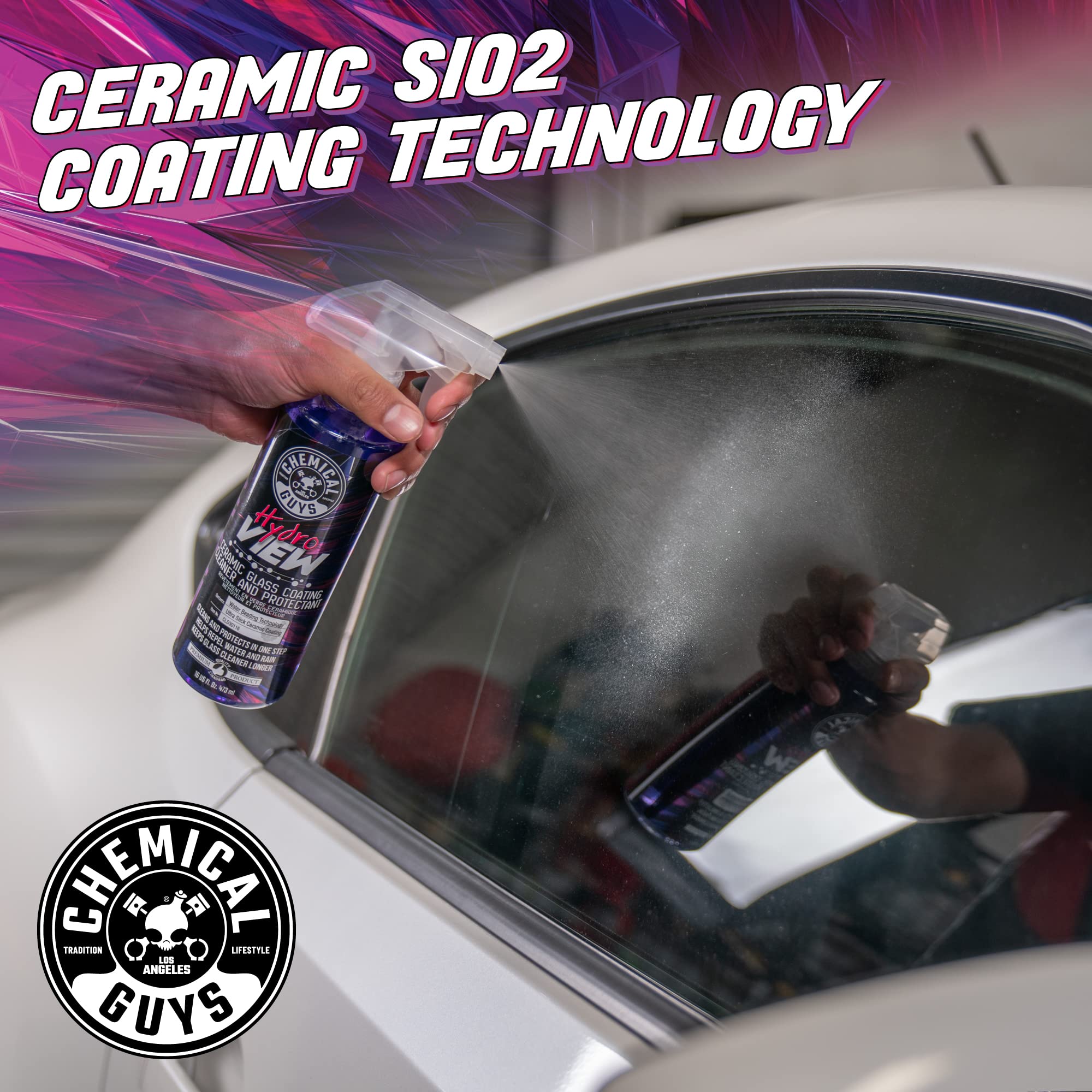 Chemical Guys HydroView used on a side window delivering streak-free clarity