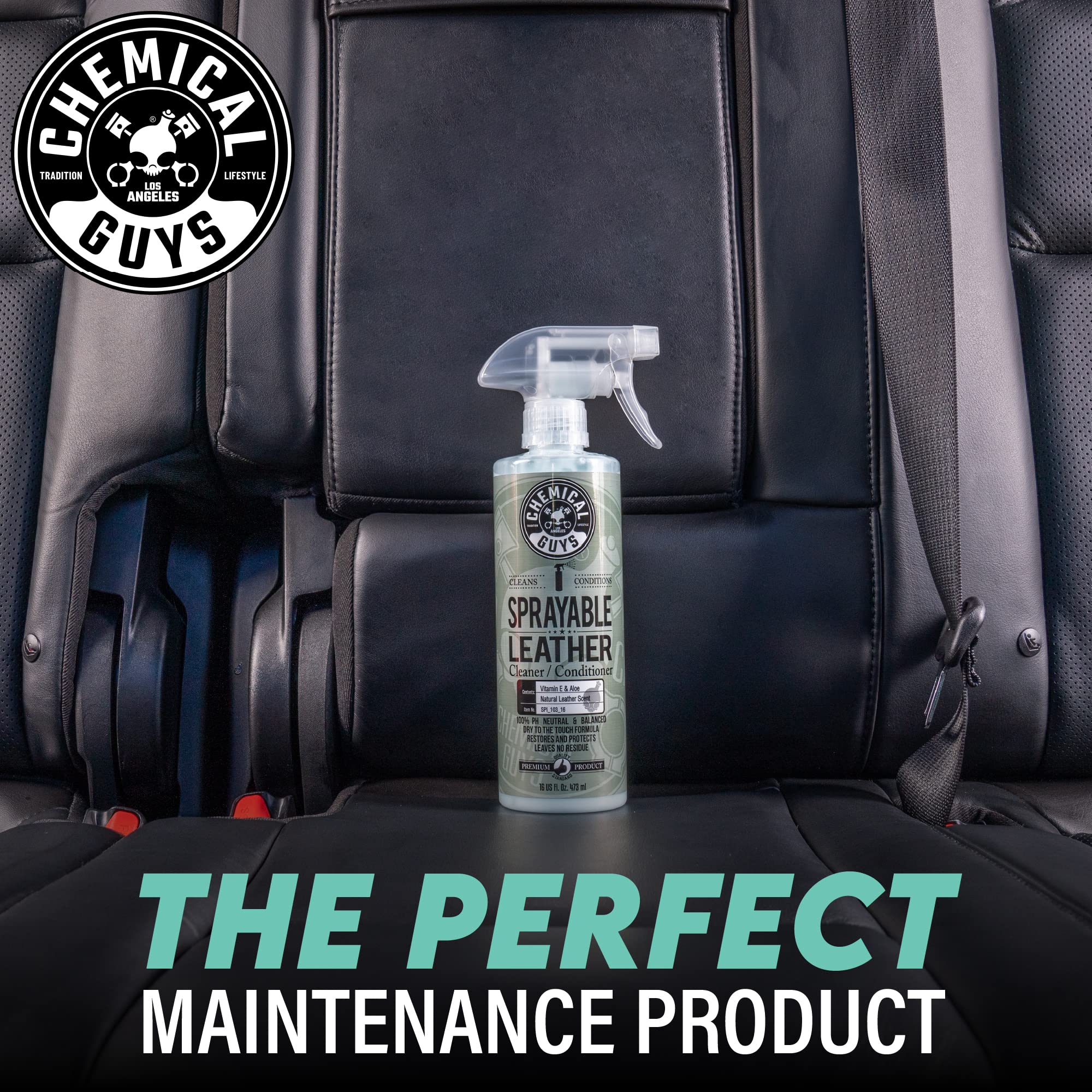 Chemical Guys bottle with applicator and cloth flatlay showing complete care kit benefit