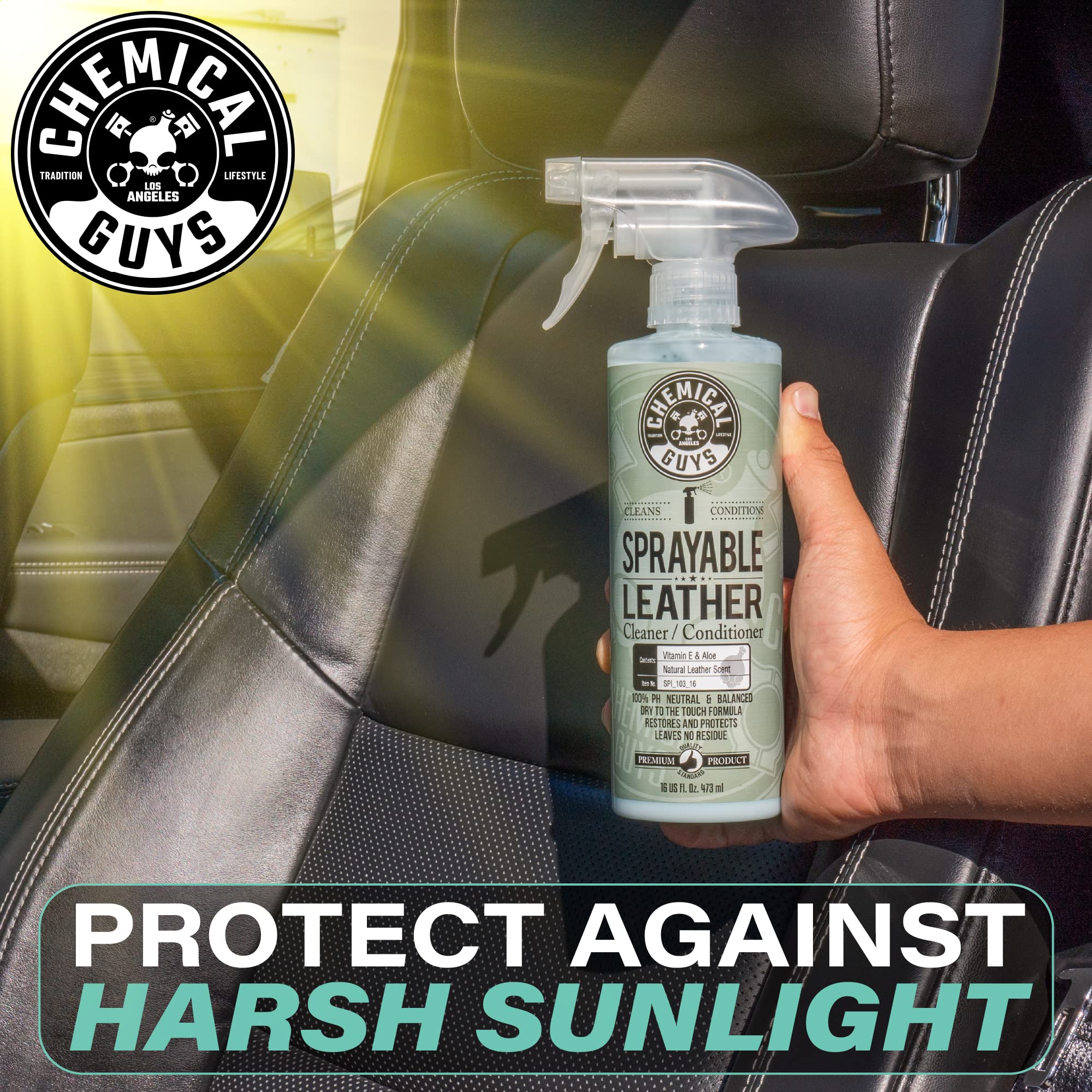 Chemical Guys bottle held in hand showing 16 oz size and portability benefit