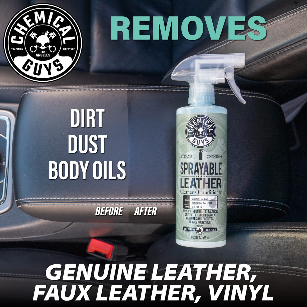 Chemical Guys spray being applied to car seat showing quick interior refresh benefit