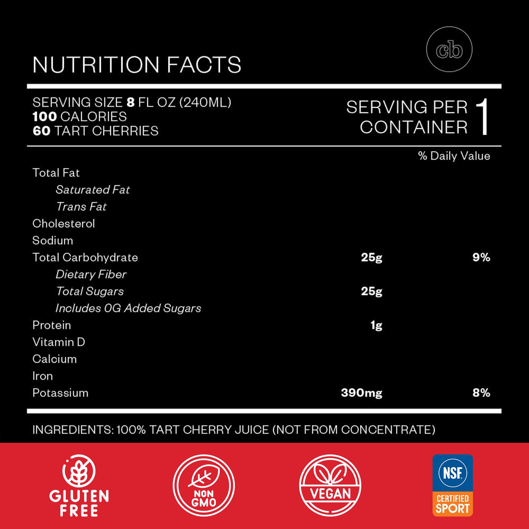 Cheribundi single 8 fl oz bottle closeup highlighting pure juice