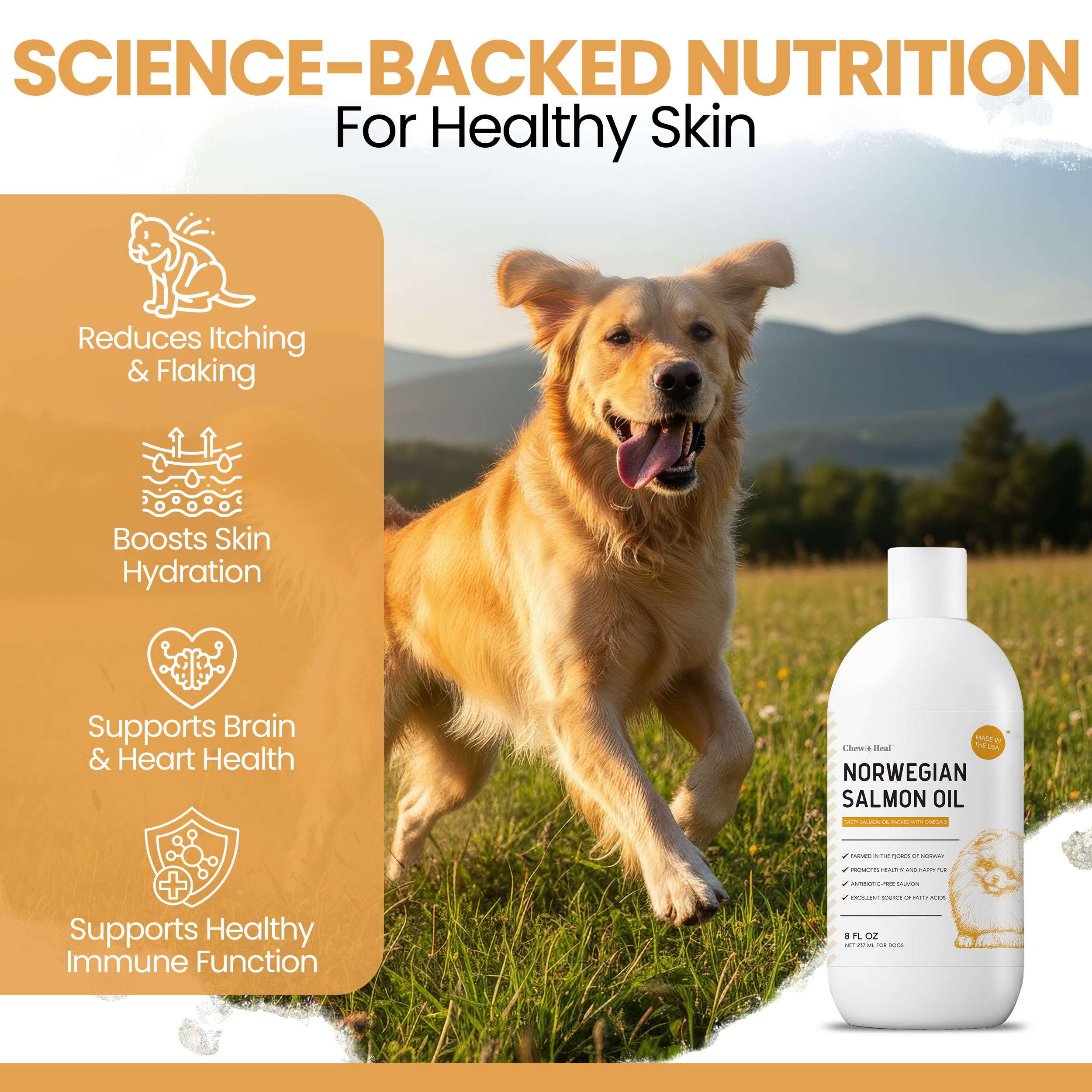 Chew + Heal Labs bottle beside measuring cup showing 32 oz scale