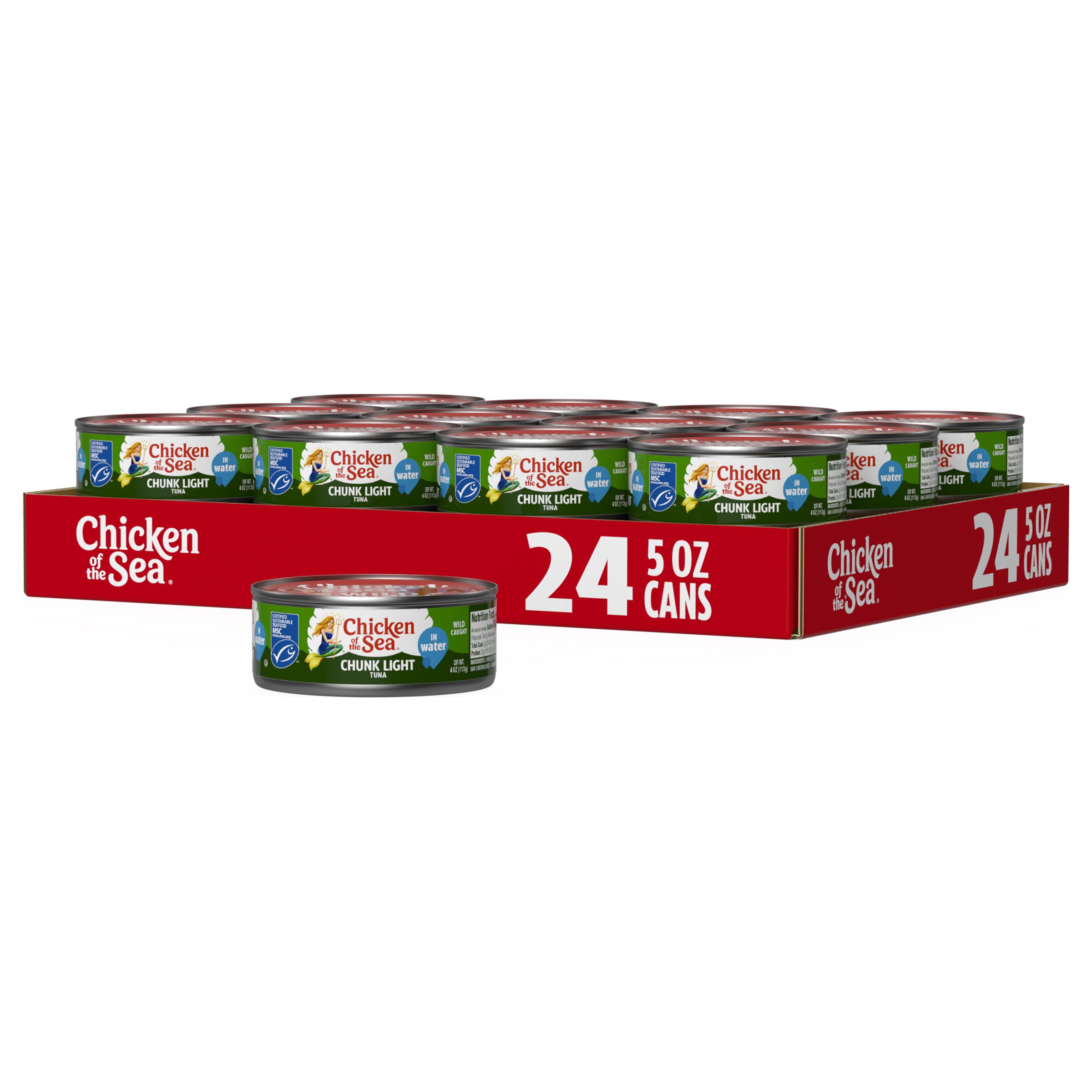 Chicken of the Sea front view of stacked cans showing pack size and convenience
