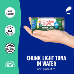 Chicken of the Sea open can revealing chunk light tuna ready to eat