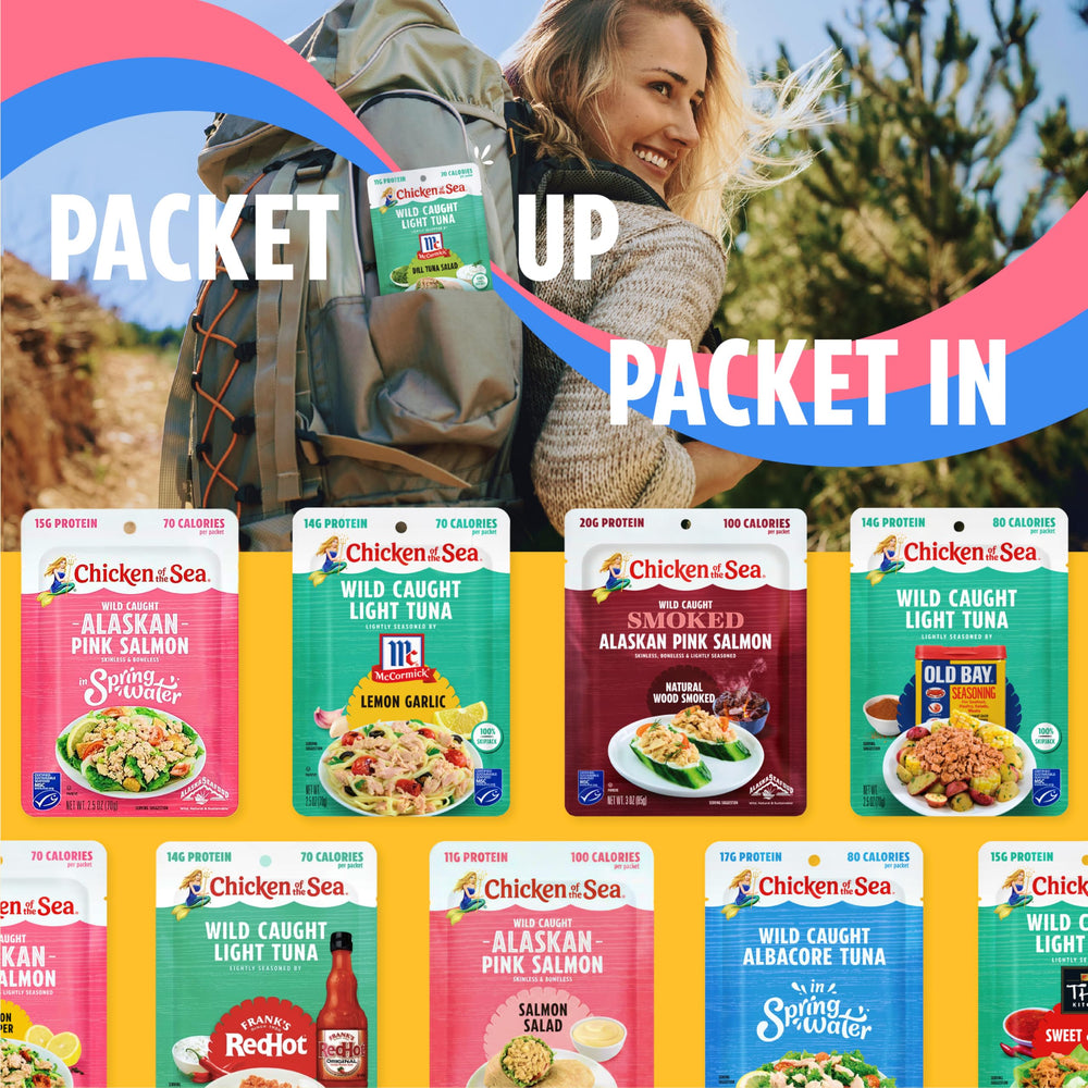 Chicken of the Sea stacked packets in pantry showcasing compact storage