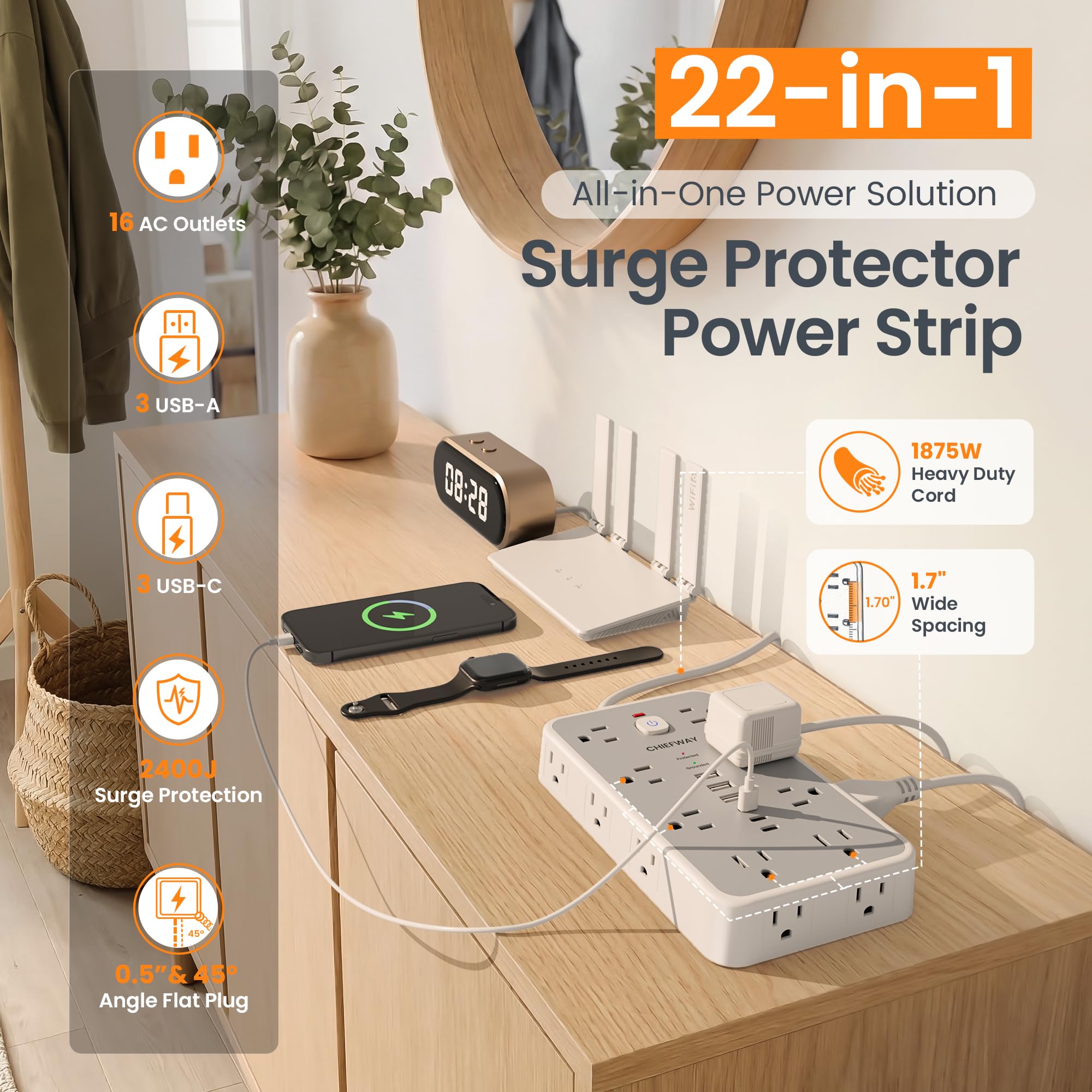 Chiefway flat plug 45° angle closeup keeps plug flush and saves space