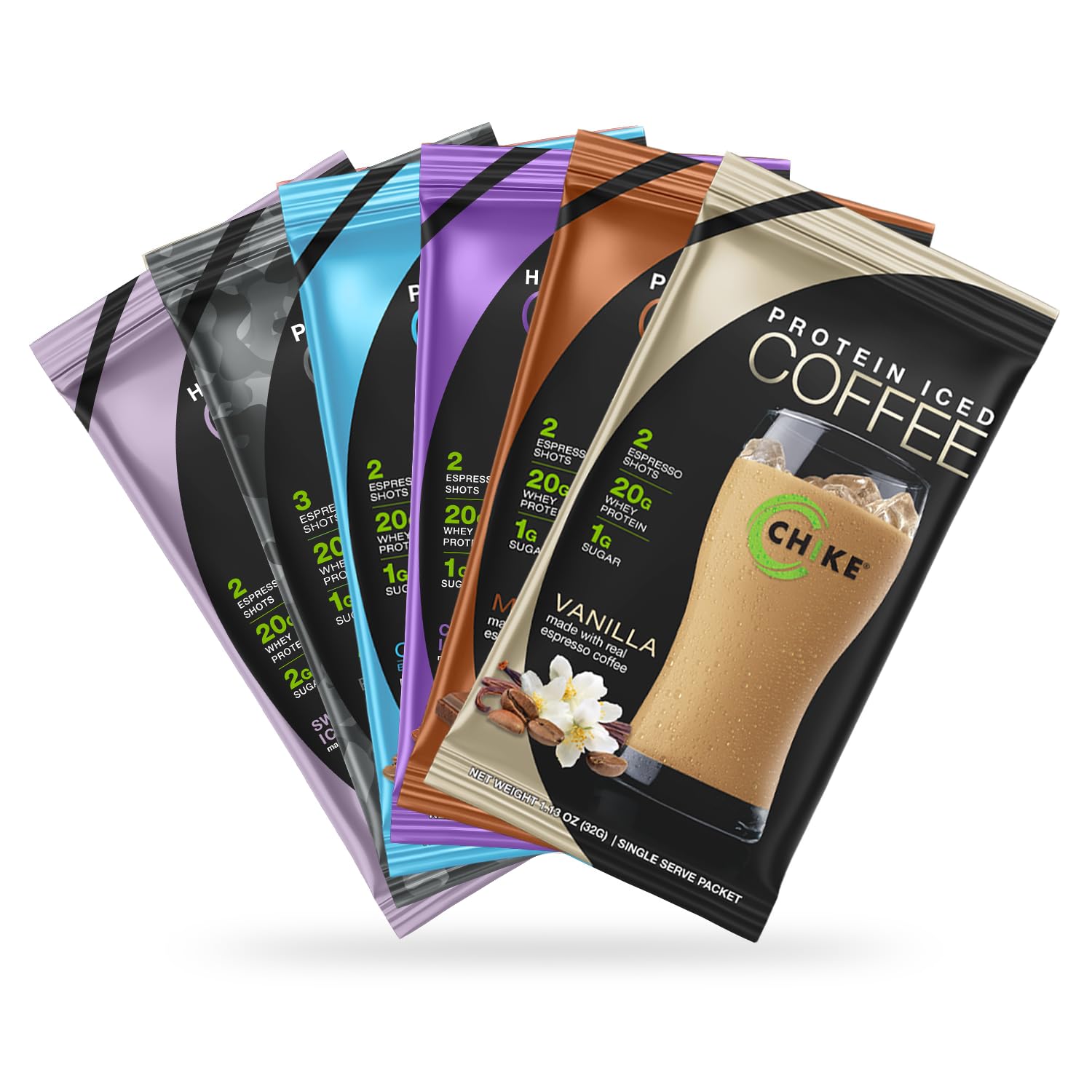 CHIKE front packaging showing six protein coffee packets and flavor variety for convenient tasting