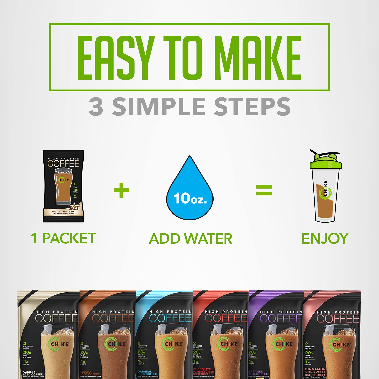 CHIKE single packet next to a measuring spoon showing portion size and 20g protein per serving