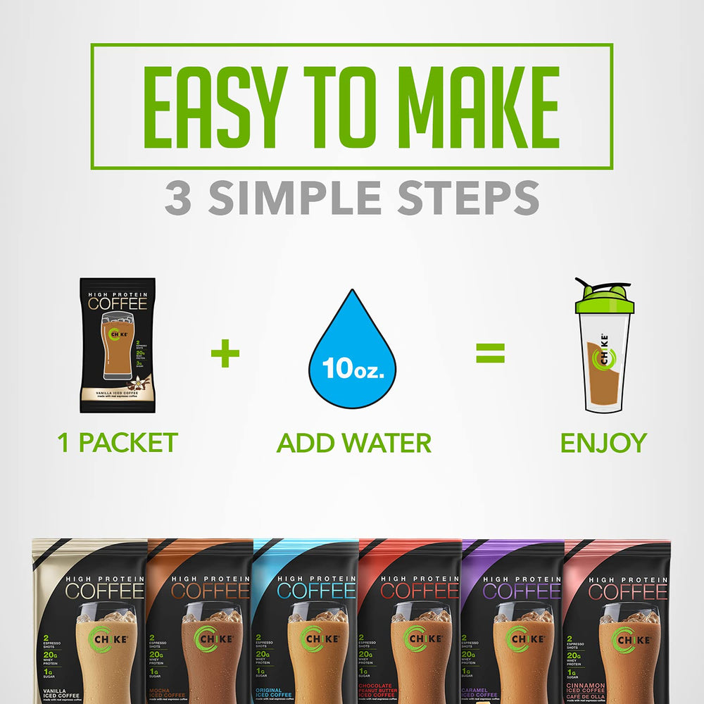 CHIKE single packet next to a measuring spoon showing portion size and 20g protein per serving