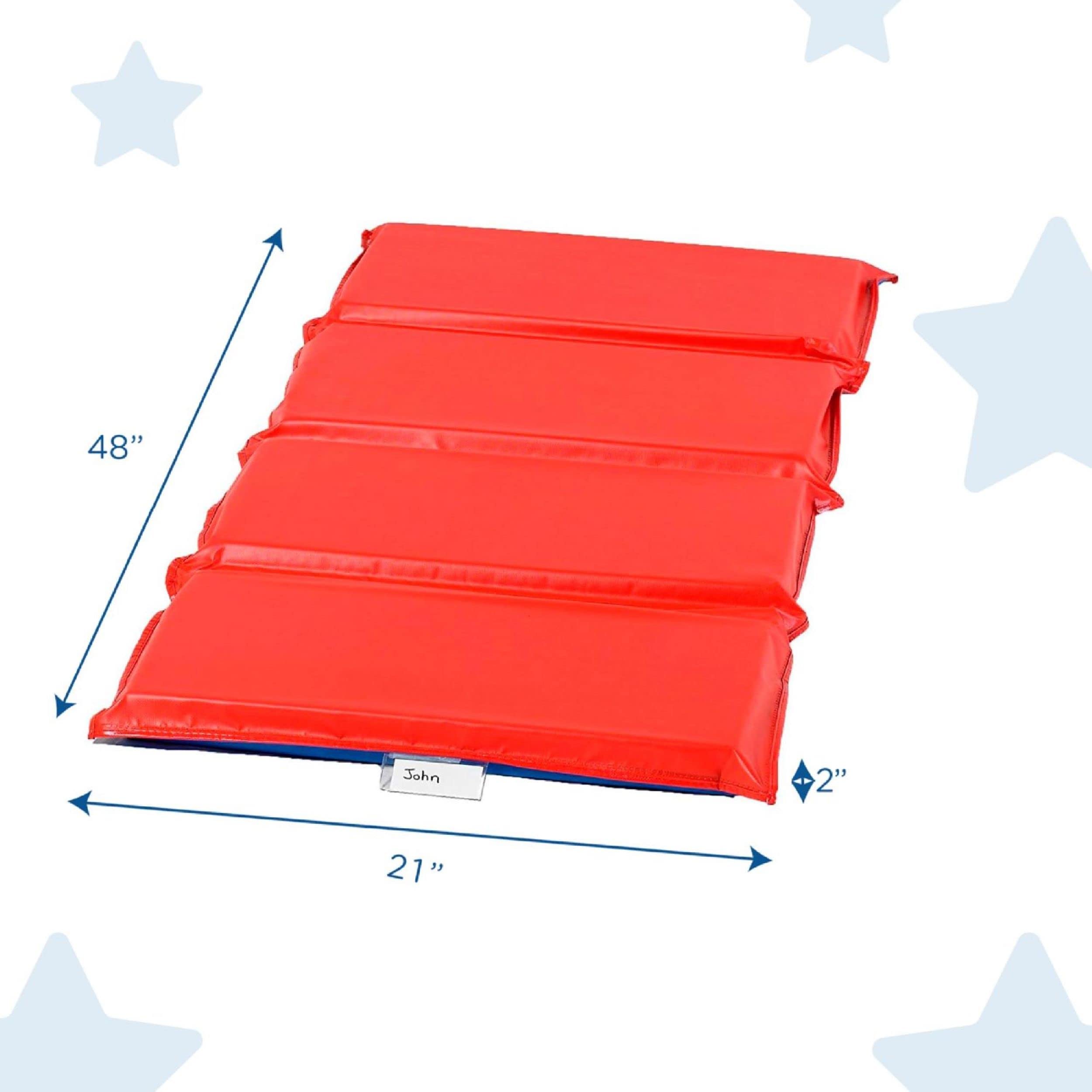 Children's Factory folded nap mat demonstrating compact storage and easy stacking benefit