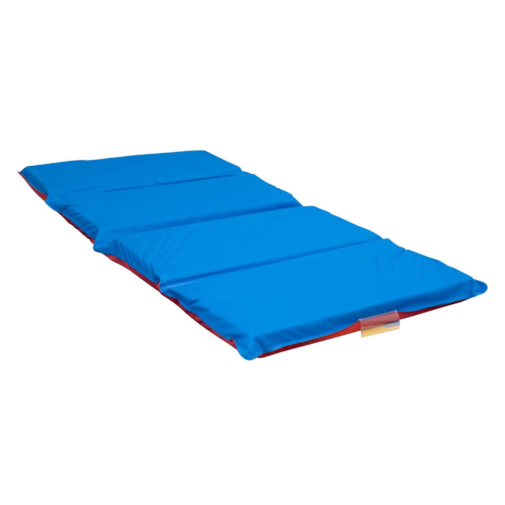 Children's Factory person lifting folded mat showing lightweight handling and staff convenience