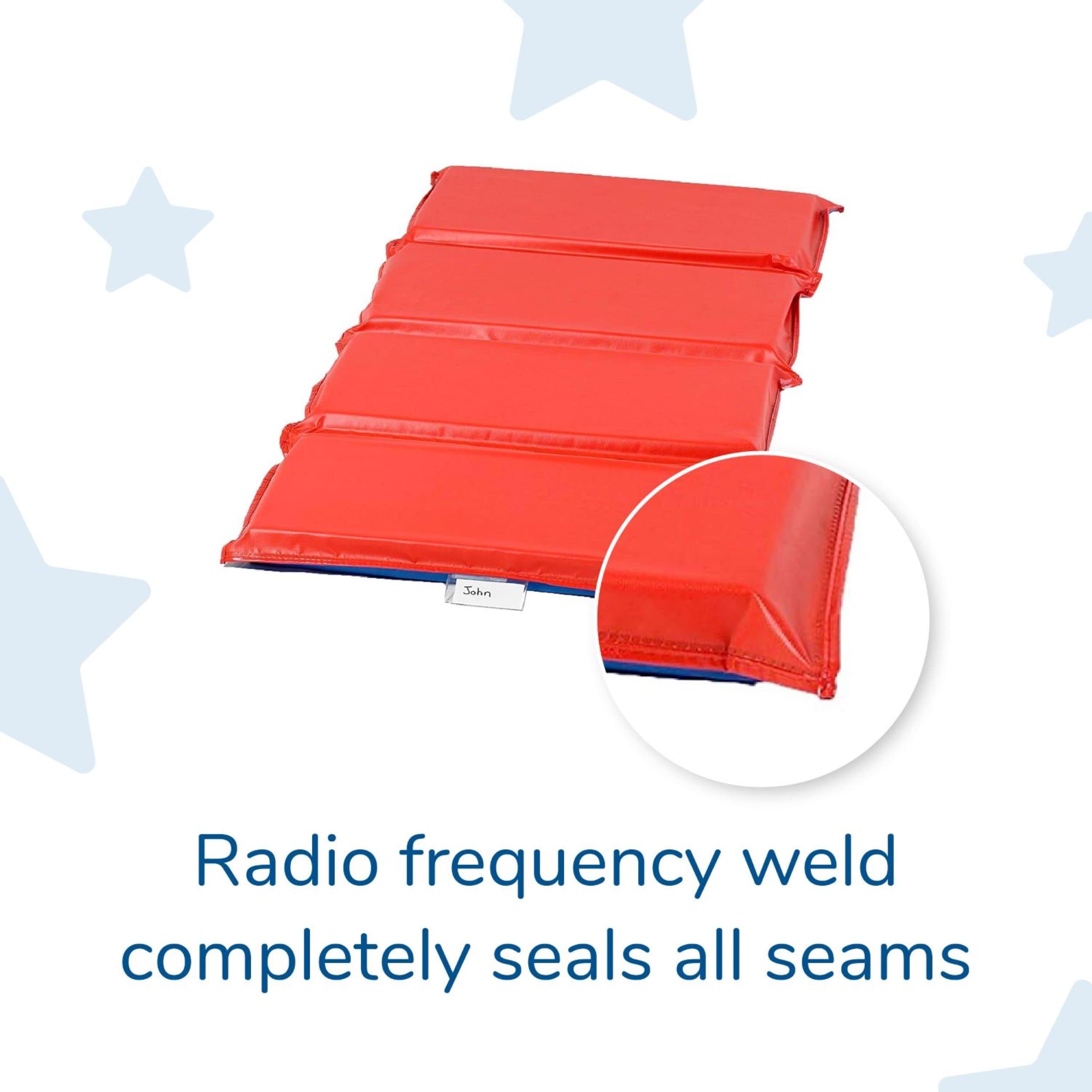 Children's Factory nap mat beside a toy showing scale for toddler-sized sleeping area
