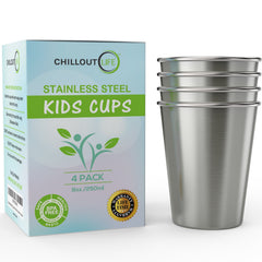 CHILLOUT LIFE front packaging showing four 8 oz cups, promotes durability
