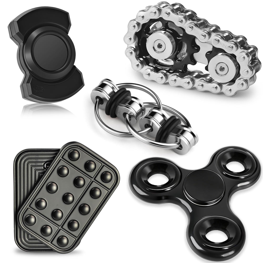 Chilvil front packaging showing the full 7-piece metal fidget set and benefits