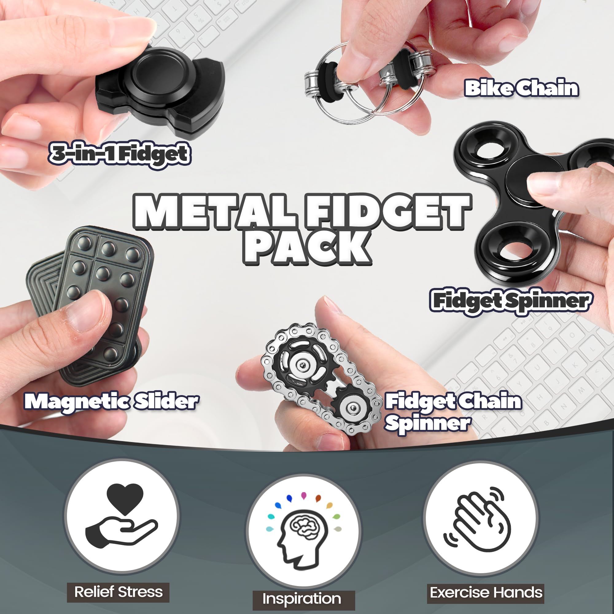 Chilvil metal spinner held in hand to show size and smooth rotation benefit
