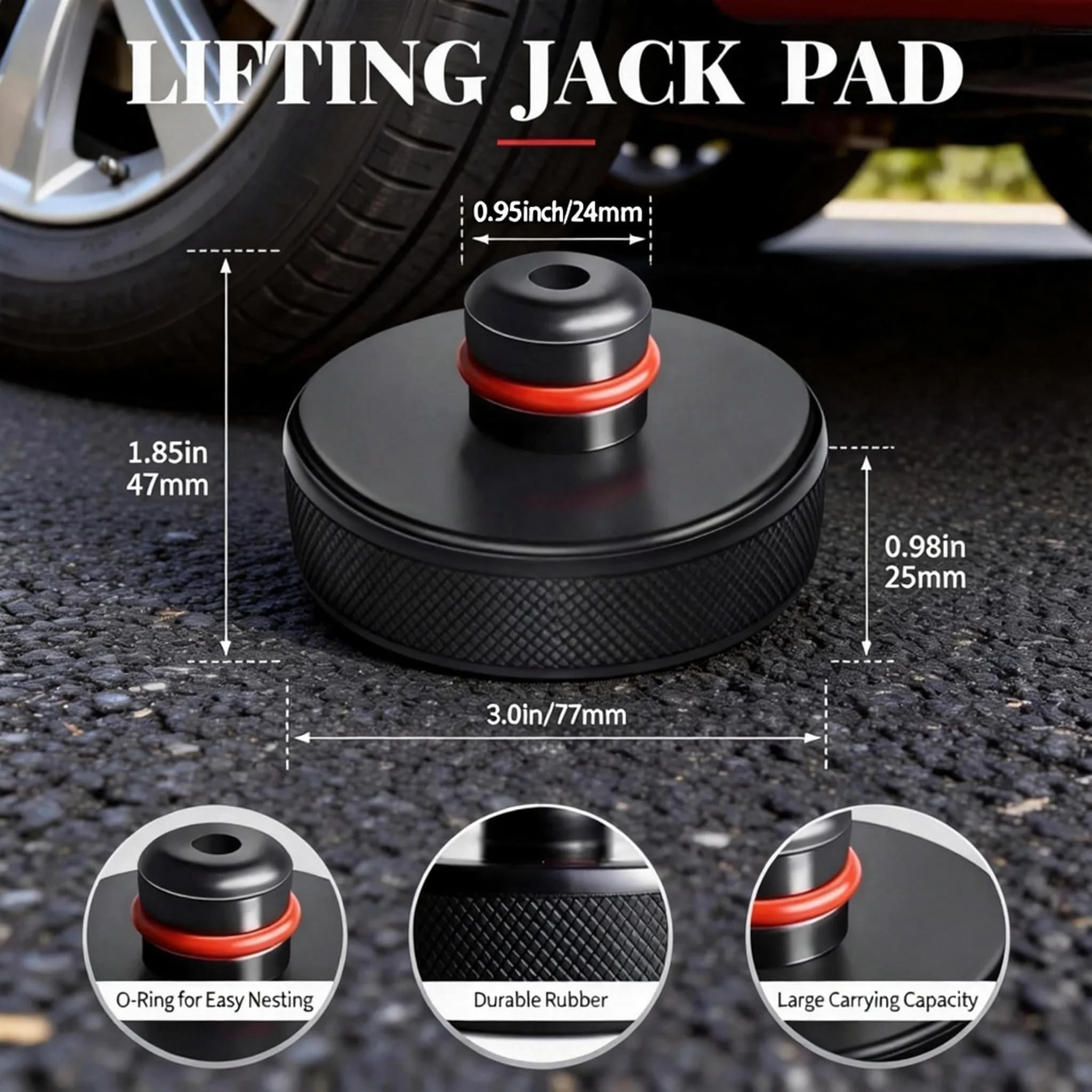 Chirano jack pad positioned at Tesla jack point undercarriage demonstrating protection
