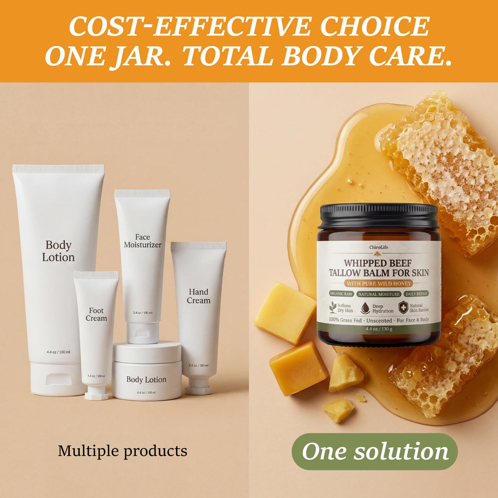 ChiroLife label close-up listing grass-fed tallow and raw honey benefits