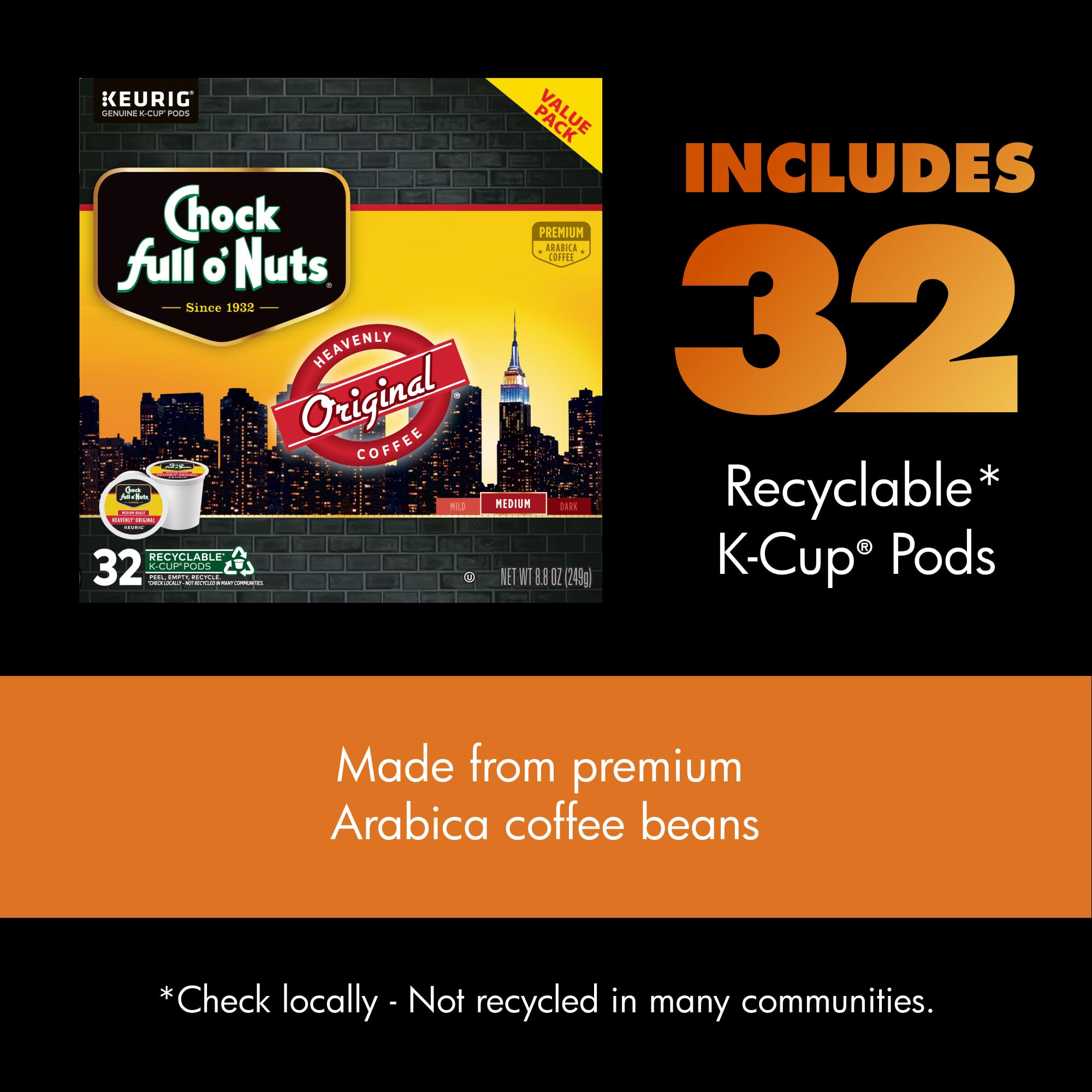 Chock Full o' Nuts pod inserted in Keurig machine showing ease of use and fast brew benefit