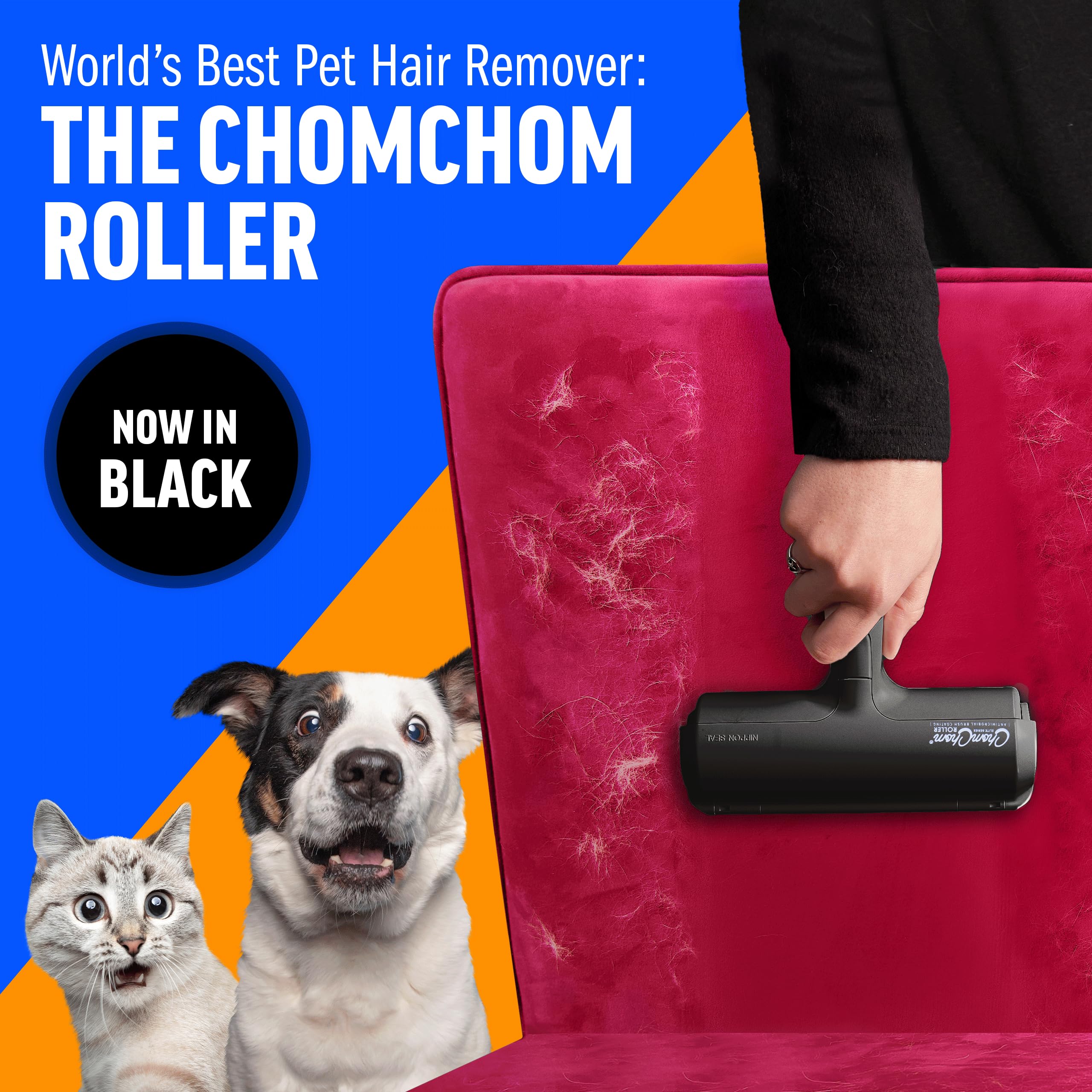 ChomChom Roller in use on a sofa removing dog fur quickly and restoring clean upholstery
