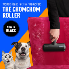 ChomChom Roller in use on a sofa removing dog fur quickly and restoring clean upholstery