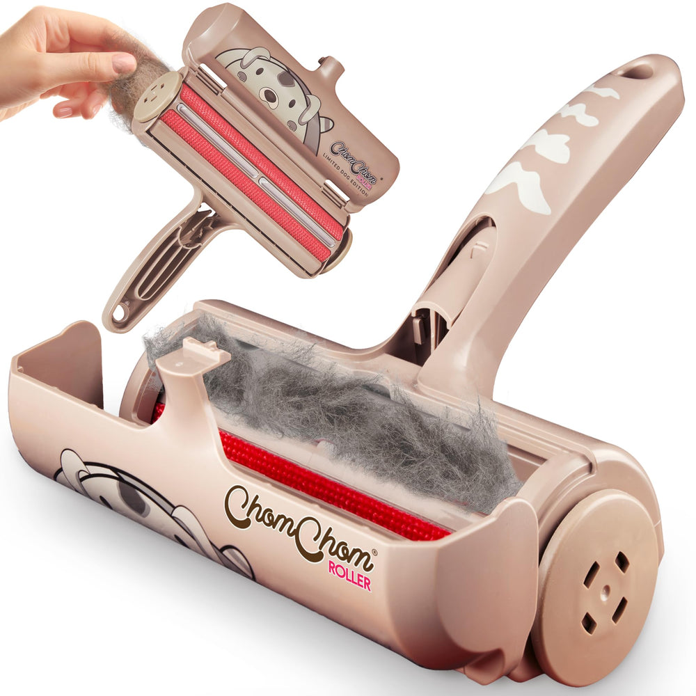 ChomChom Roller front view showing compact design and dog print, easy storage benefit