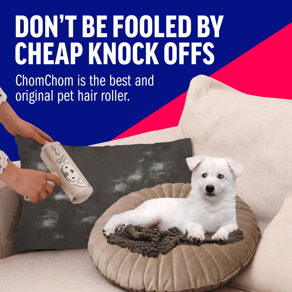 ChomChom Roller in a living room with dog, convenient daily pet-hair cleanup solution