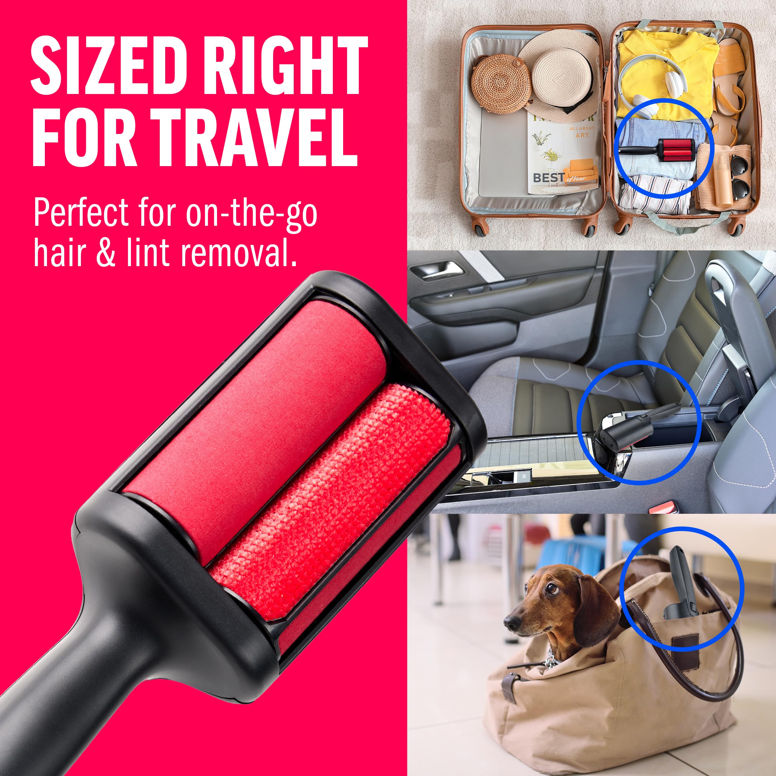 ChomChom Roller beside scarf and bag illustrating travel-ready convenience benefit