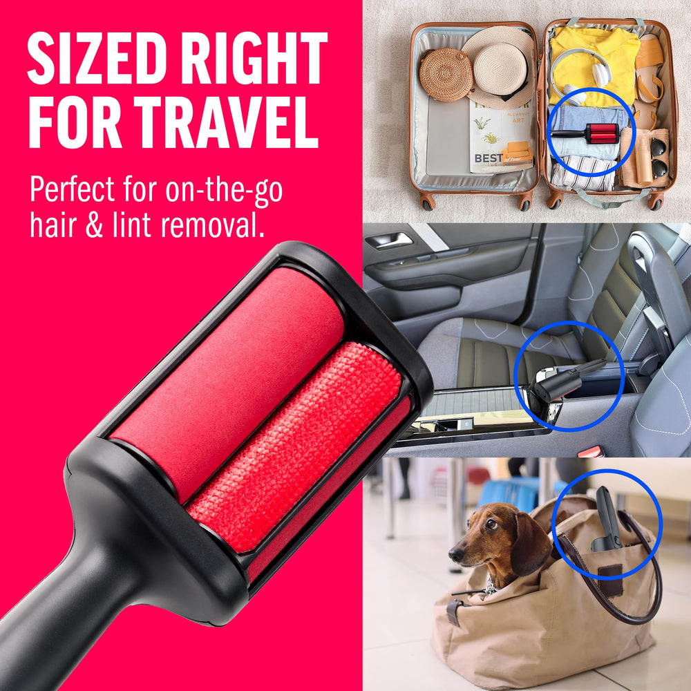 ChomChom Roller beside scarf and bag illustrating travel-ready convenience benefit