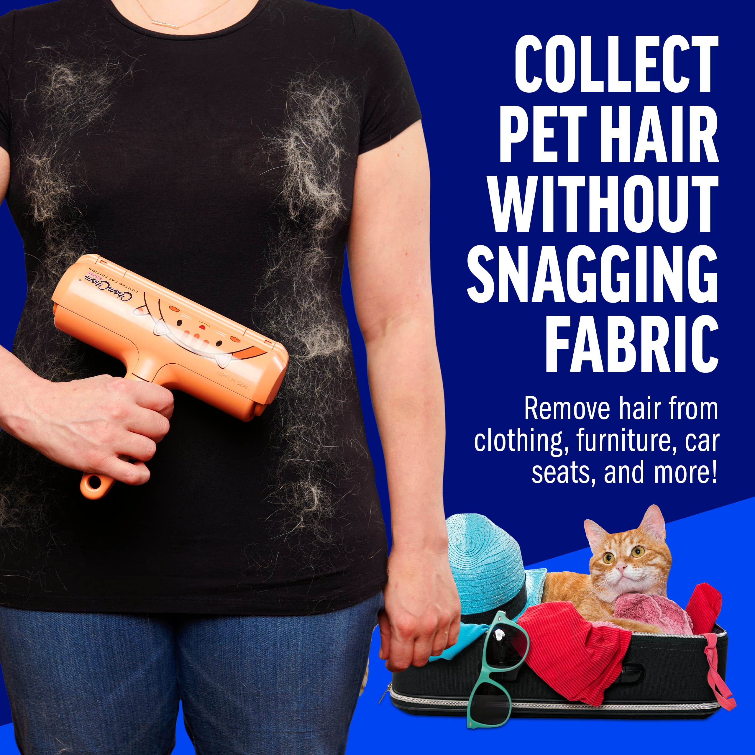 ChomChom Roller beside a cat demonstrating fast hair pick-up benefit