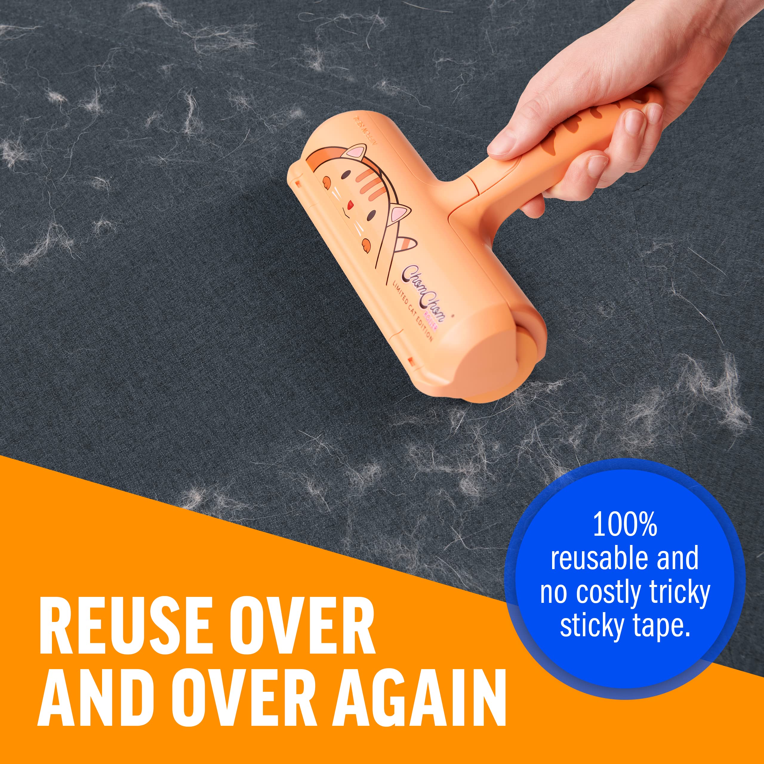 ChomChom Roller cleaning car seat fibers and reducing pet hair mess