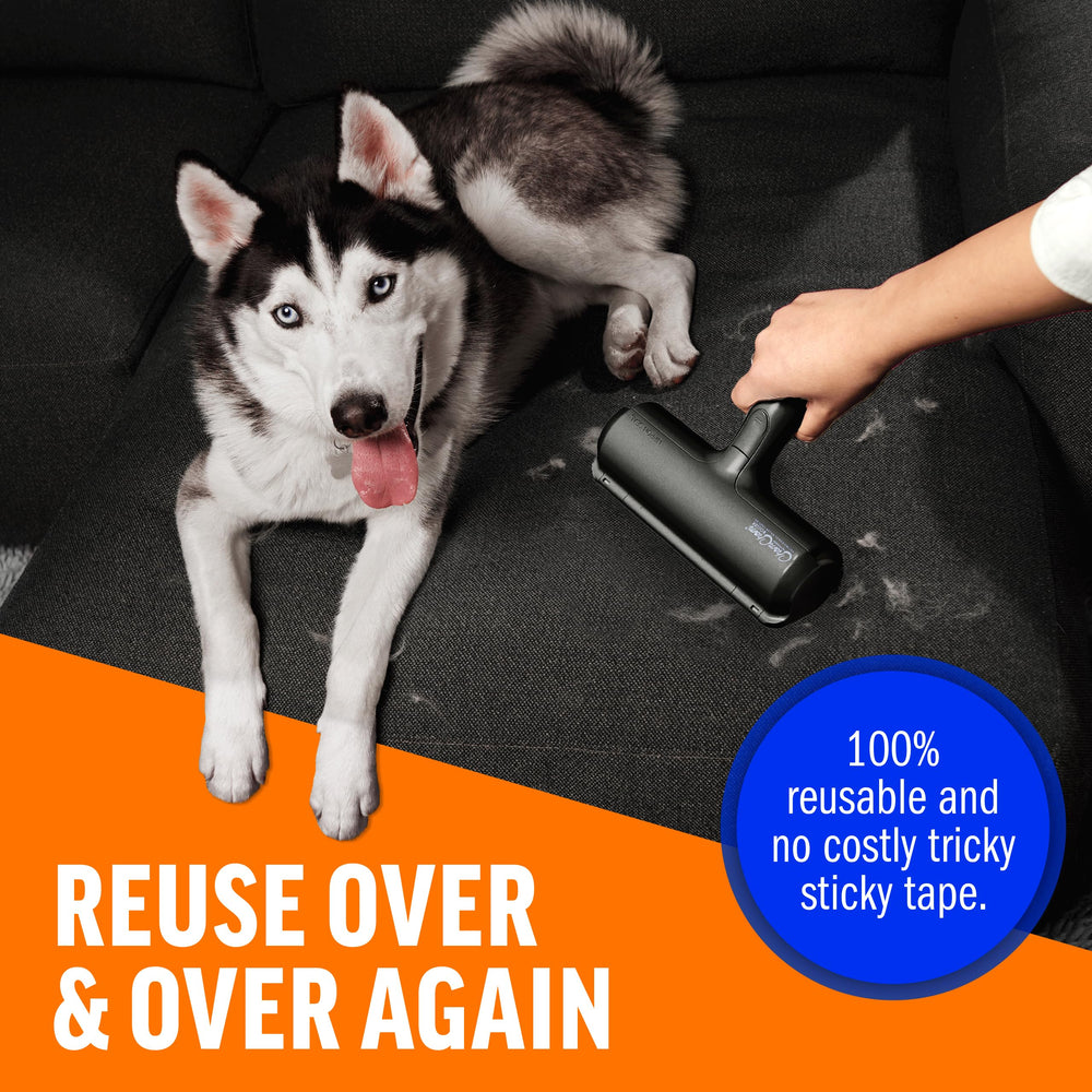 ChomChom Roller opened to dump collected fur, illustrating easy emptying and no-mess disposal