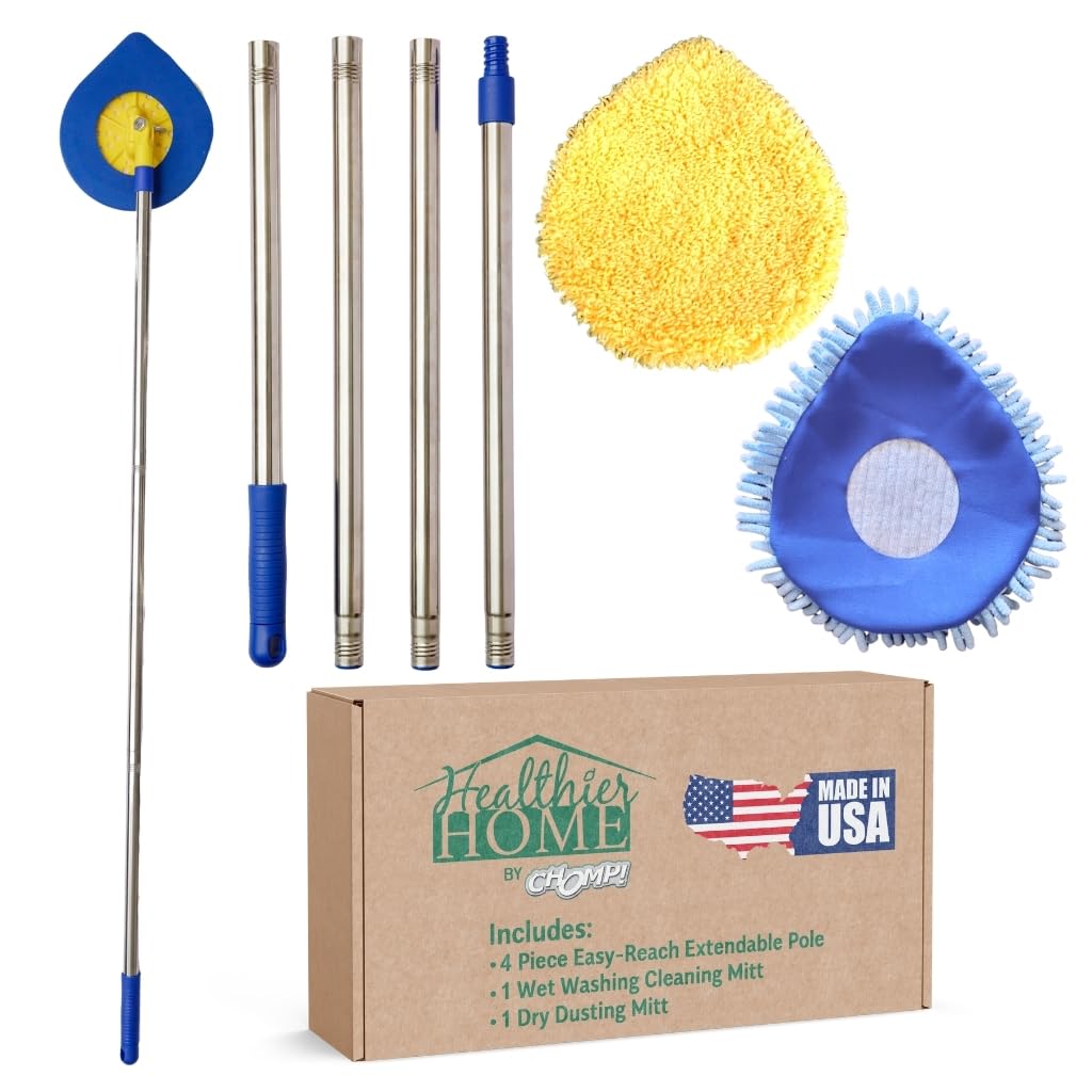 CHOMP! front view of long-handle wall cleaner showing pole and pad for easy reach