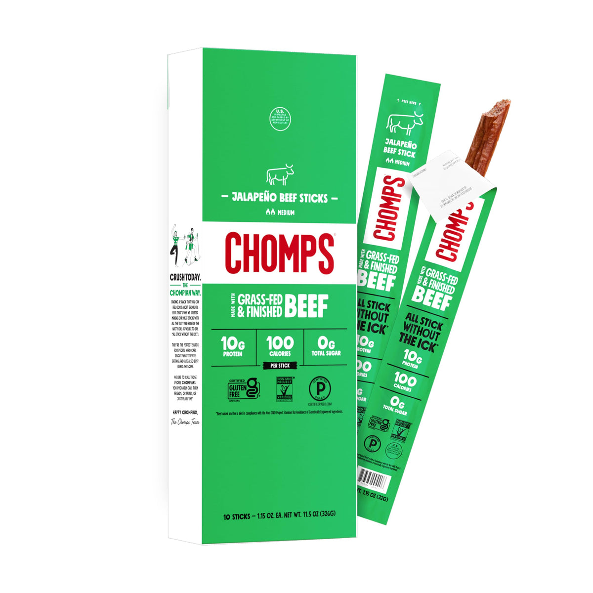 Chomps front packaging showing jalapeño beef sticks and convenience benefit