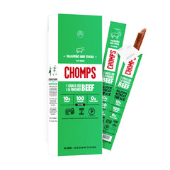 Chomps front packaging showing jalapeño beef sticks and convenience benefit