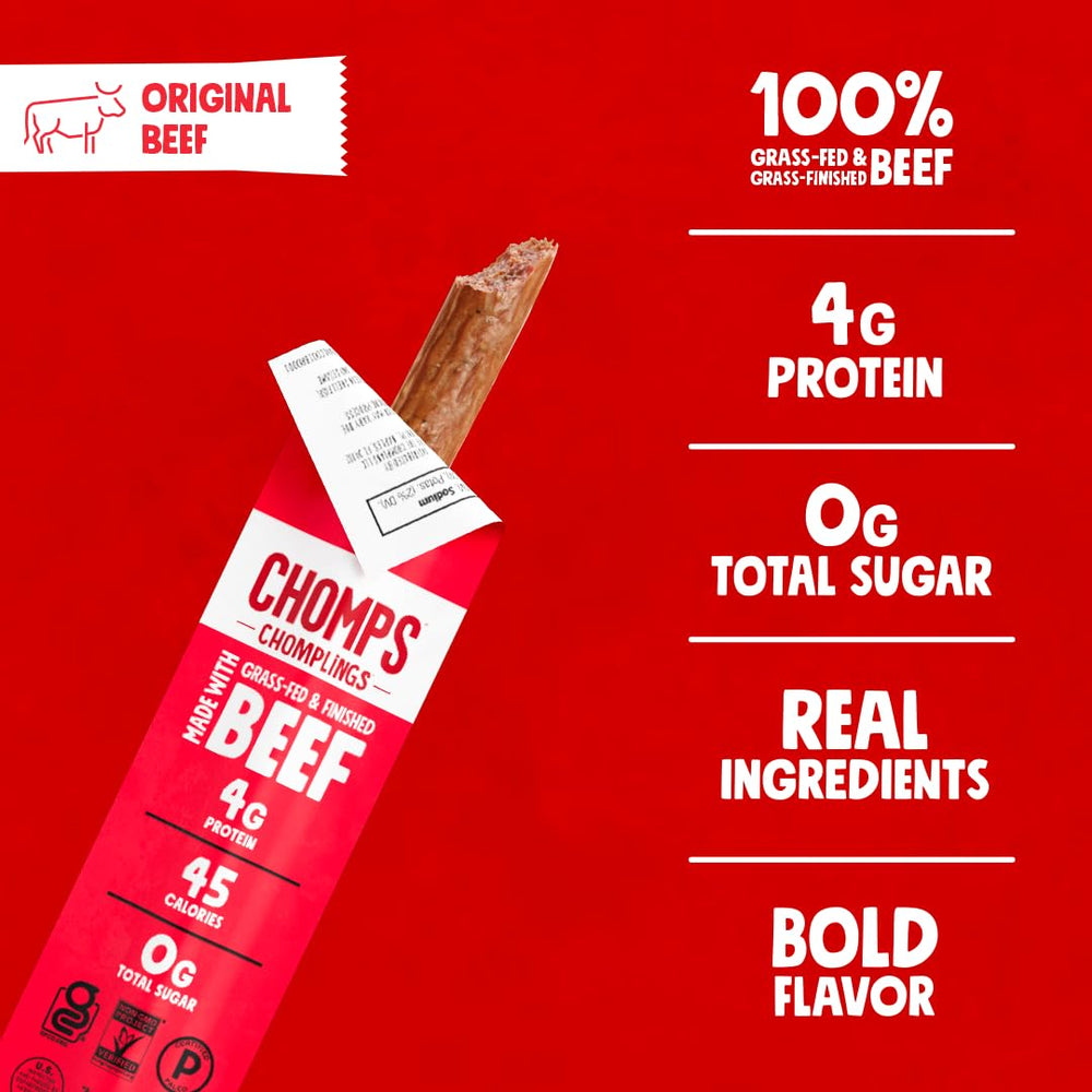 Hand holding an individually wrapped Chomps stick for convenient on-the-go protein