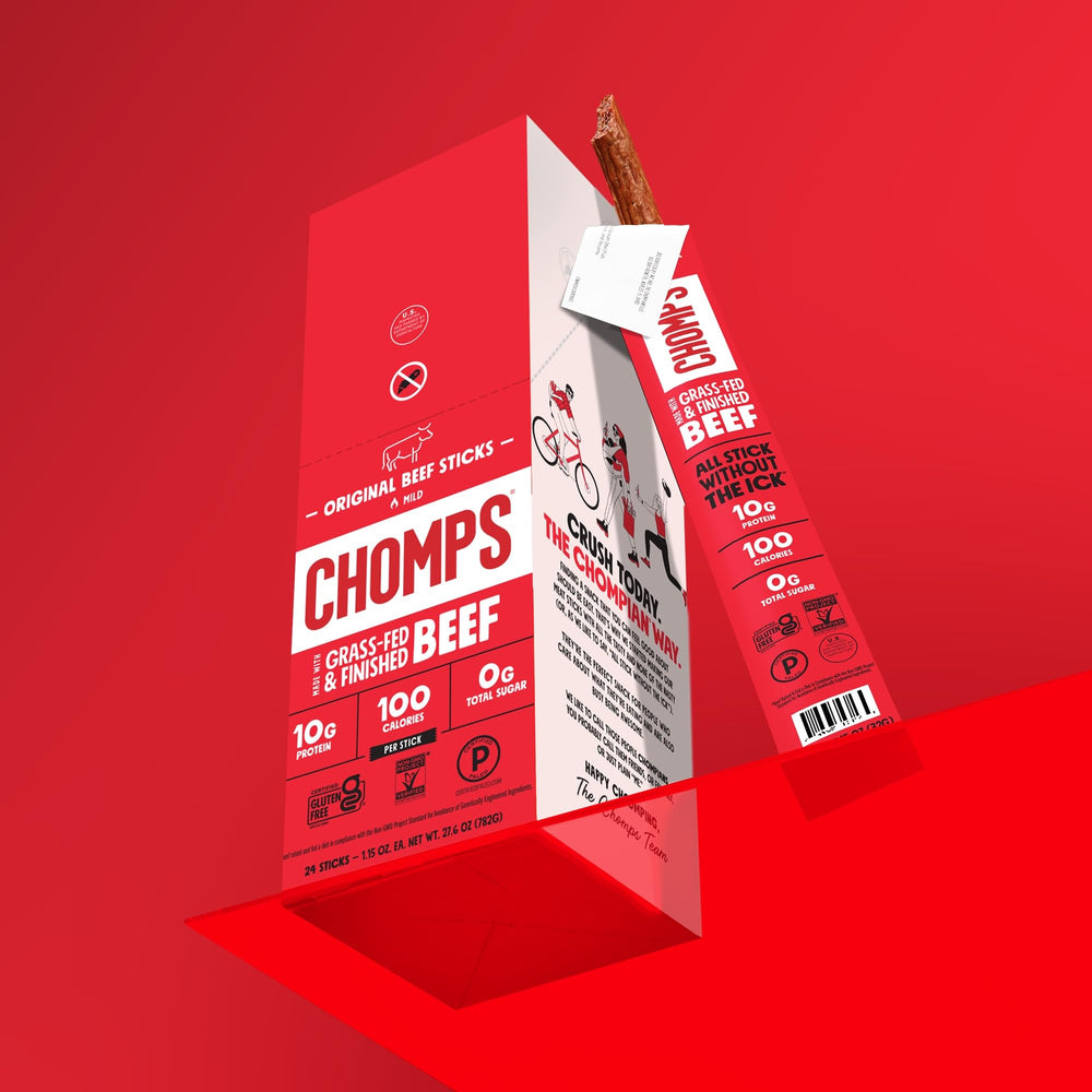 Chomps stick beside a scale indicating 10g protein per serving