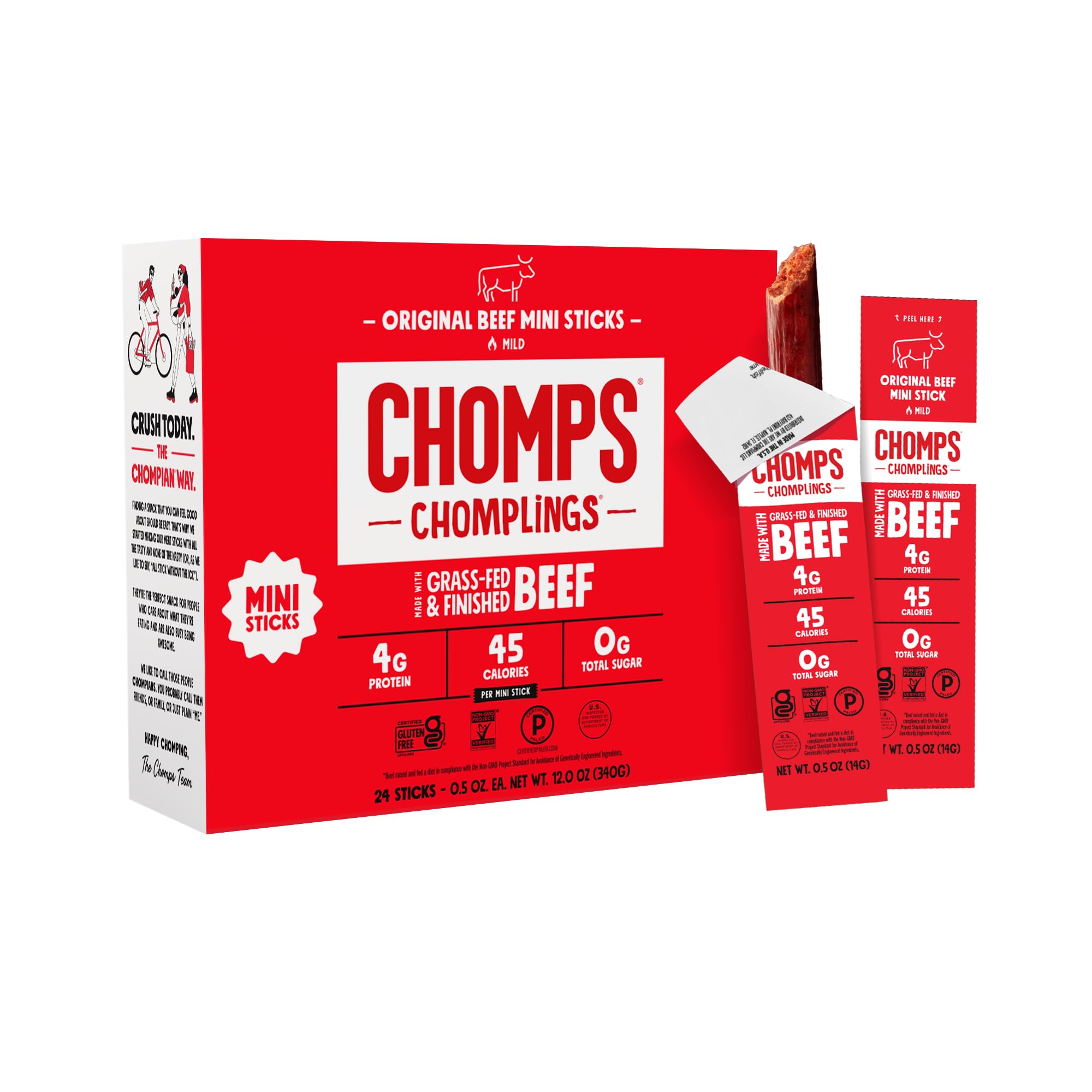 Chomps front packaging showing 24-count mini beef sticks and clean sourcing benefits